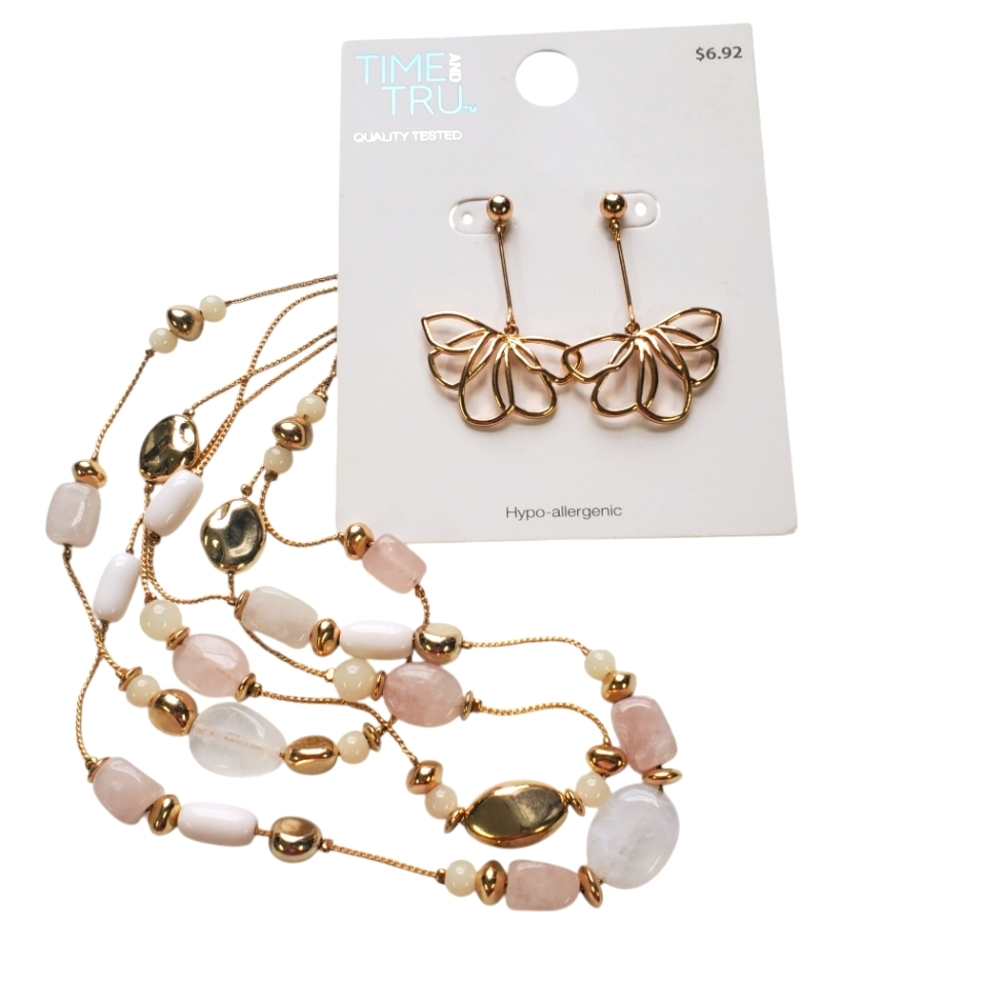 NWT Time and Tru Gold Butterfly Earrings and Beaded Necklace Set